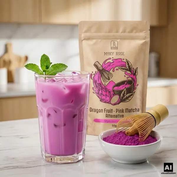 Różowa matcha Mary Rose w doypacku z różowym latte, proszkiem z pitai i bambusową miotełką.