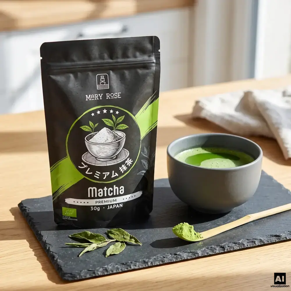 Japońska matcha BIO premium Mary Rose w czarnym doypacku z zielonym naparem i chasenem.