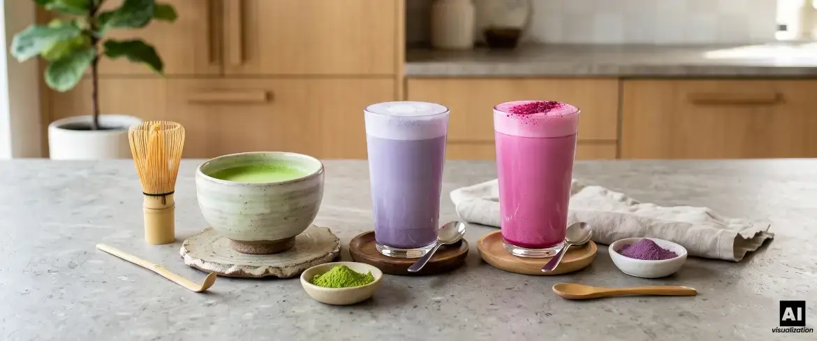 Zielona matcha oraz fioletowe i różowe latte na jasnym kuchennym blacie.