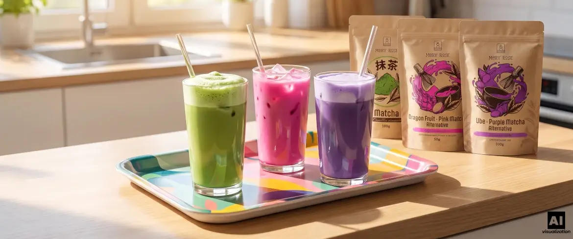 Klasyczna i kolorowa matcha Mary Rose w zielonym, różowym i fioletowym latte.
