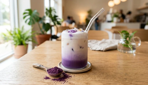 Warstwowy napój ube matcha latte z mlekiem na stole w kawiarni