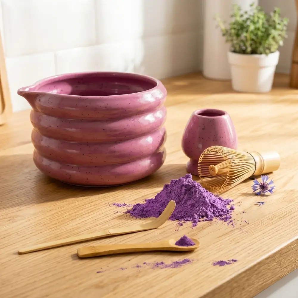 Estetyczny, różowo-fioletowy zestaw akcesoriów ceramicznych i bambusowych do przygotowania ube matcha