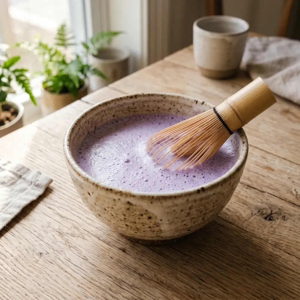 Gotowa, tradycyjnie spieniona purple matcha w ceramicznej miseczce