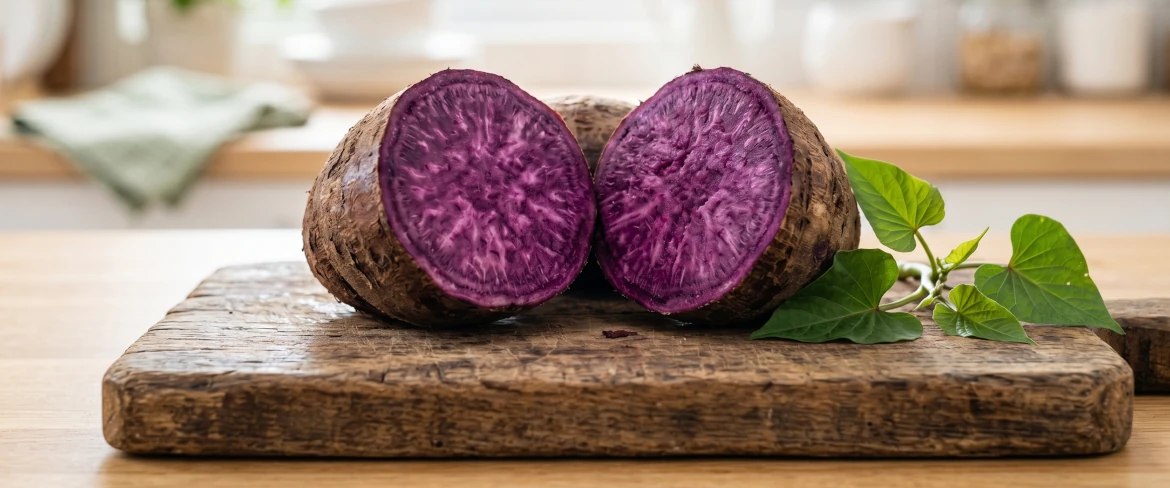 Przekrojona na pół bulwa ube na desce do krojenia
