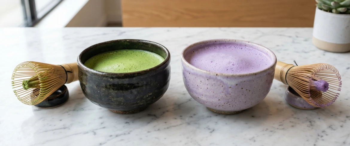 Porównanie w czarkach – tradycyjna zielona matcha i fioletowa matcha ube przygotowana za pomocą miotełki chasen