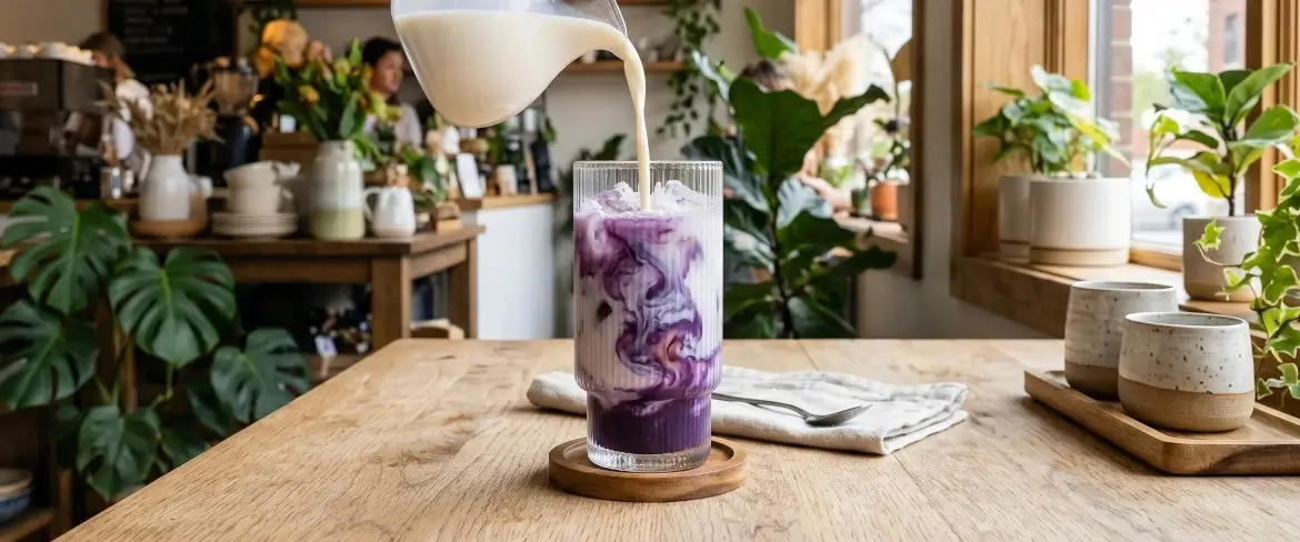 Przygotowanie ube latte – wlewanie spienionego mleka do fioletowej bazy