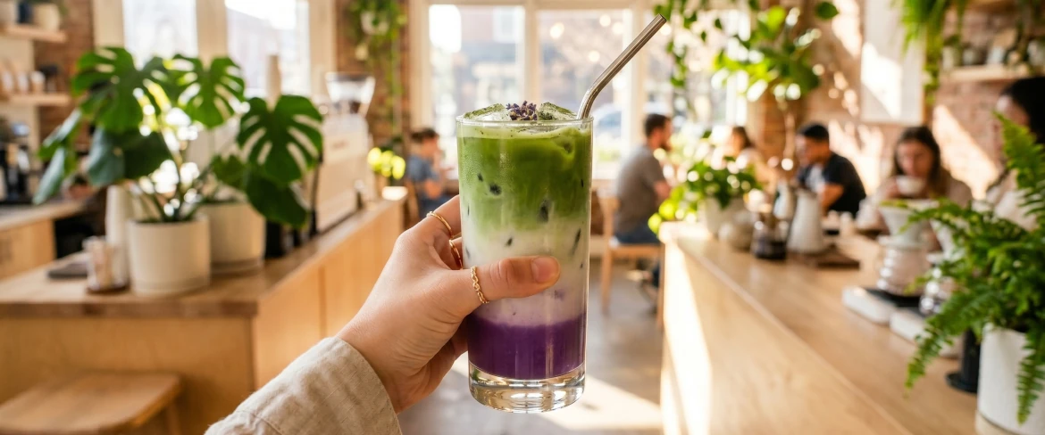 Trzywarstwowy napój ube matcha trzymany w dłoni w nowoczesnej kawiarni speciality
