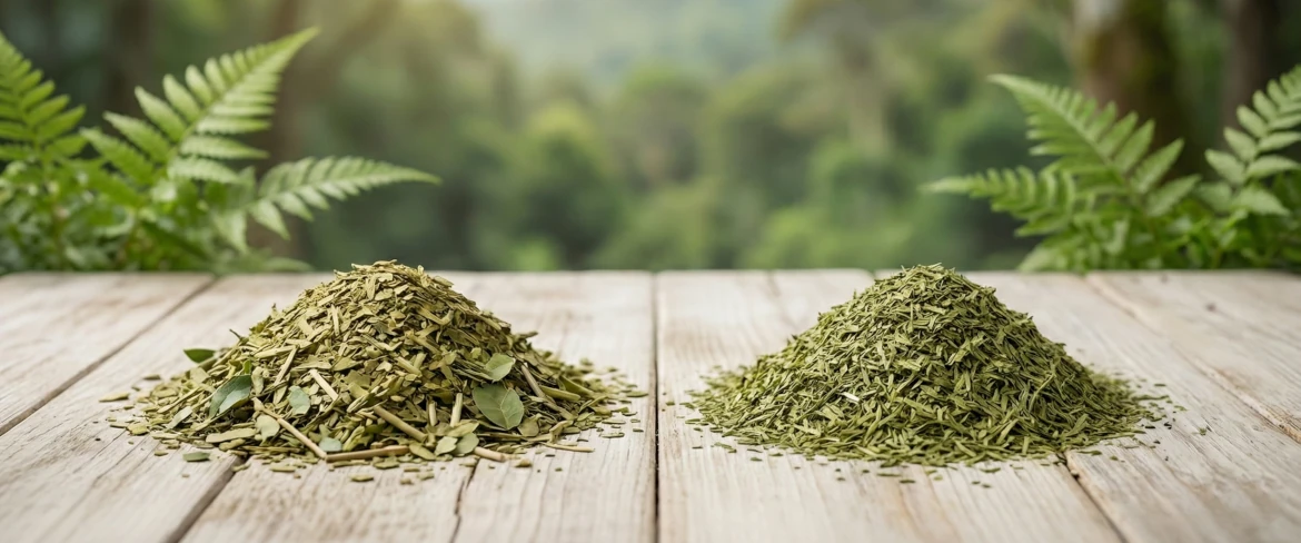 Susz yerba mate elaborada z patyczkami i susz yerba mate despalada bez patyczków – porównanie wyglądu i struktury