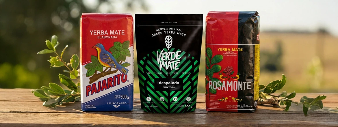 Opakowania yerba mate elaborada i yerba mate despalada różnych marek – przykład klasycznych produktów