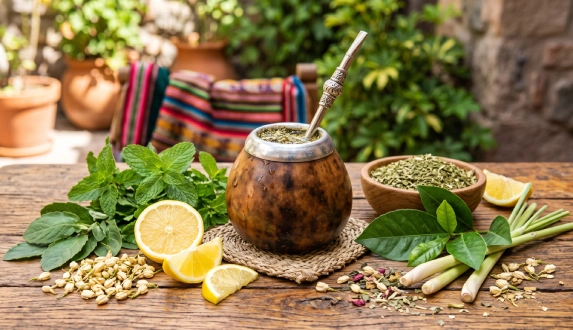 Matero z yerba mate ziołową, miętą, cytryną i trawą cytrynową na drewnianym stole.