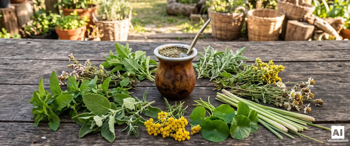 Matero z ziołową yerba mate otoczone miętą, boldo, rumiankiem, gotu kolą i trawą cytrynową.