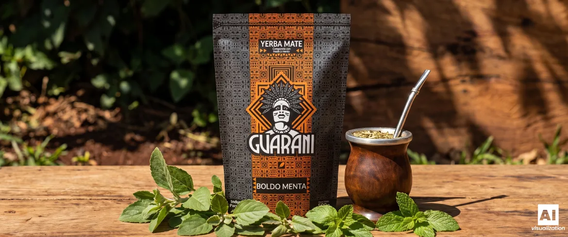 Guarani Boldo Menta i matero z yerba mate z boldo oraz świeżą miętą na drewnianym stole.
