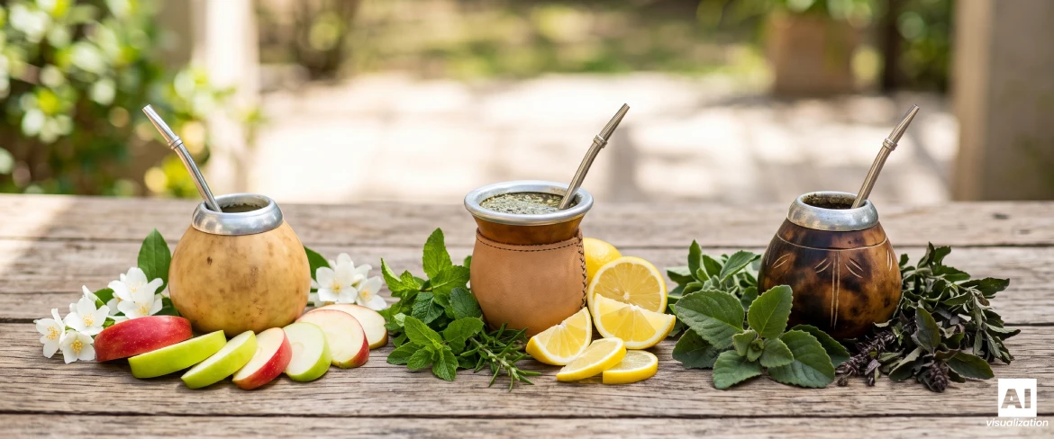 Trzy matera z łagodną, cytrusową i wytrawną yerba mate ziołową oraz świeżymi ziołami i owocami.