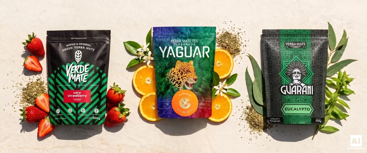 Porównanie smaków yerba mate: truskawkowego Verde Mate, cytrusowego Yaguara i ziołowego Guarani.