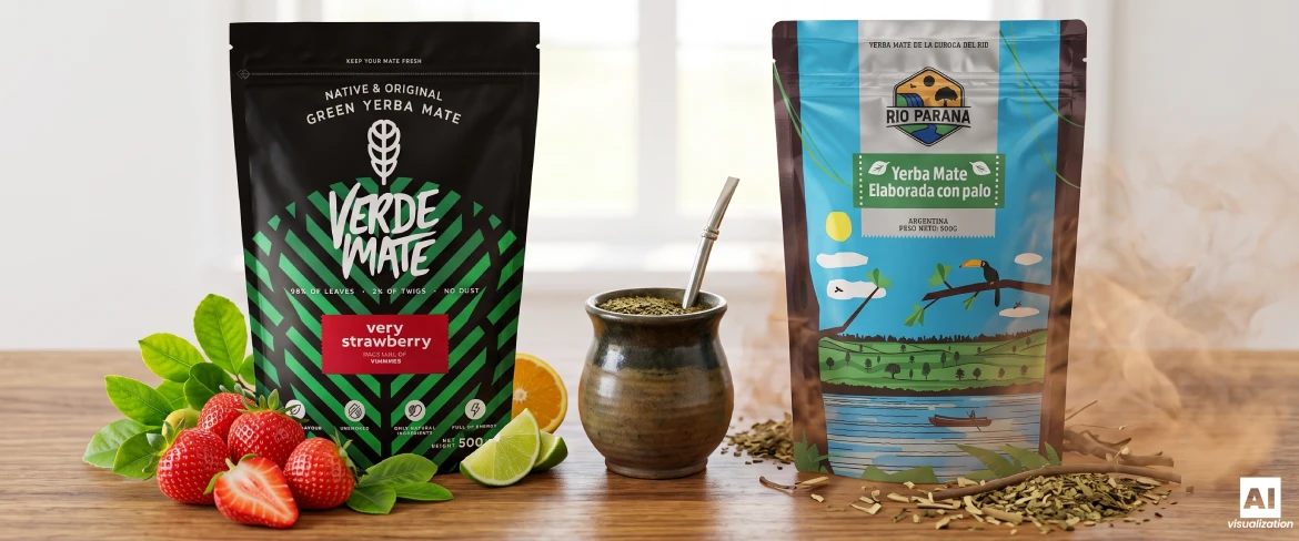 Yerba mate smakowa Verde Mate Very Strawberry i klasyczna Rio Parana z matero oraz suszem.