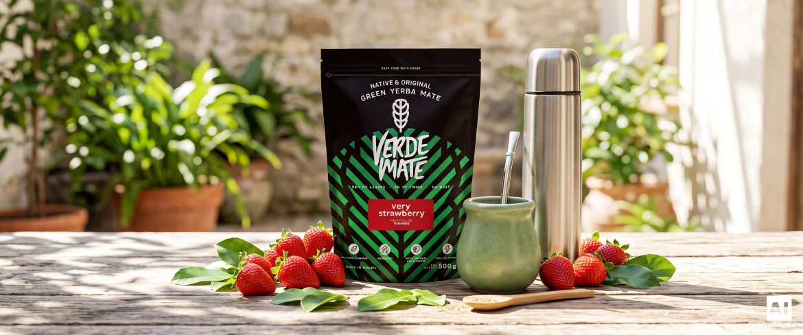 Yerba mate smakowa Verde Mate Very Strawberry z matero, termosem i świeżymi truskawkami.