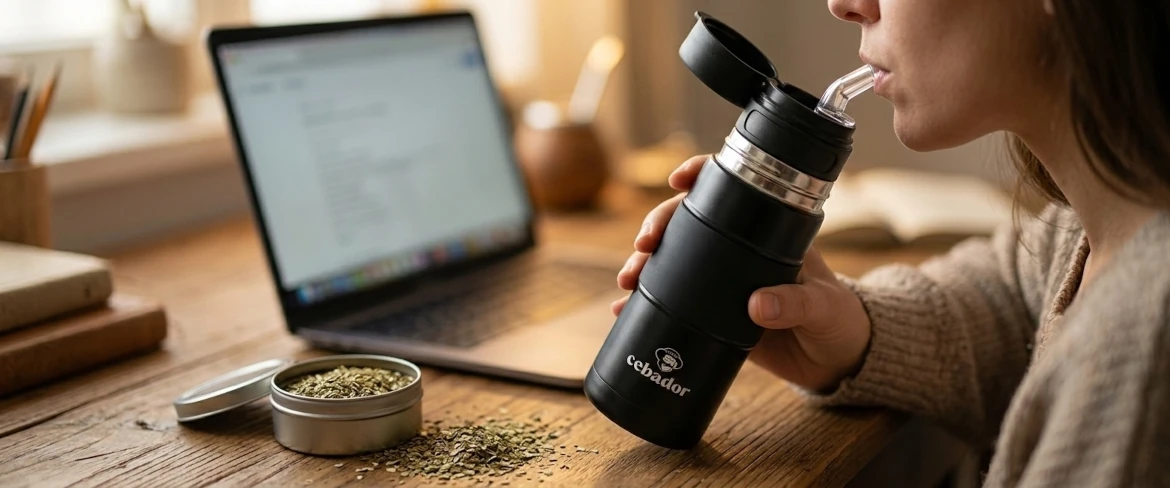 Yerbomos X w użyciu – mobilny termos do yerba mate podczas pracy przy komputerze