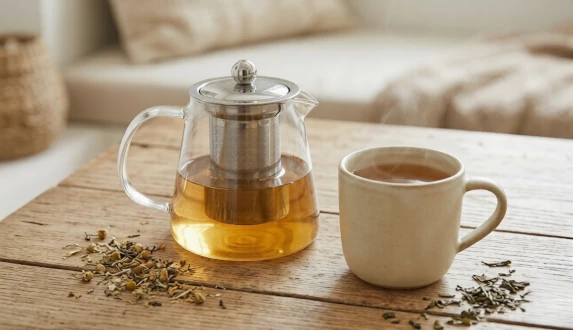 Szklany dzbanek do herbaty z zaparzaczem i kubek z naparem na drewnianym stole