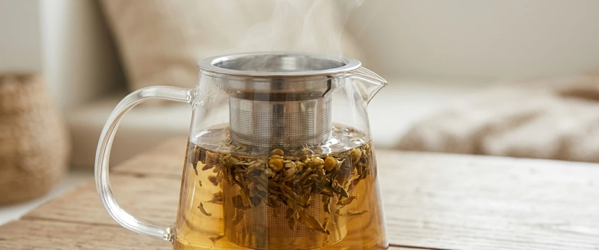 Zaparzacz do herbaty liściastej w szklanym dzbanku podczas parzenia naparu