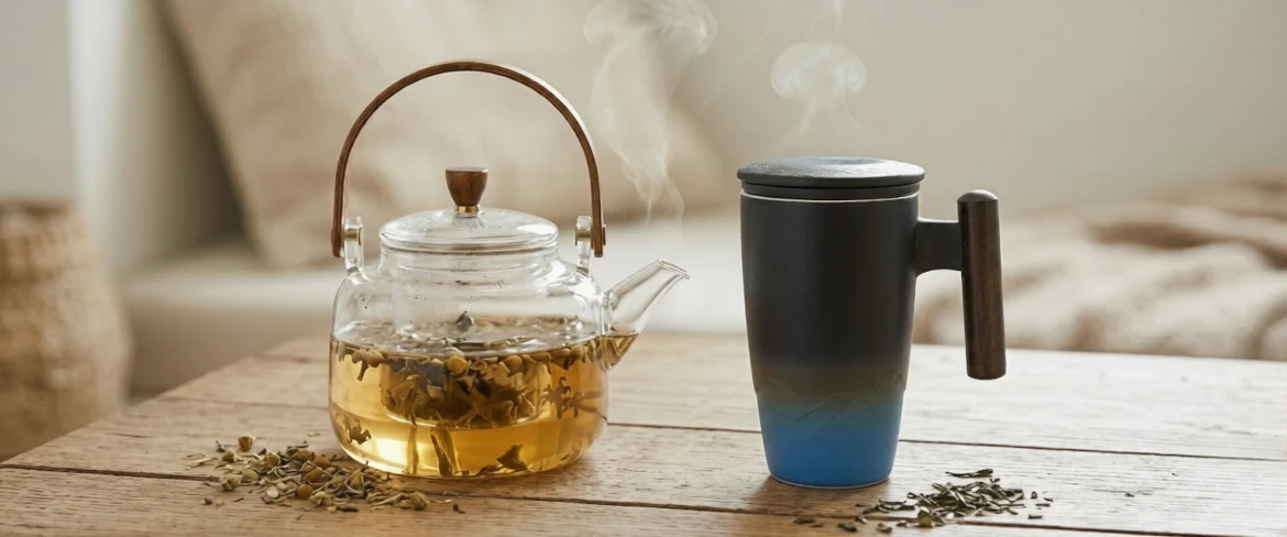 Dzbanek z zaparzaczem do herbaty i ceramiczny kubek z zaparzaczem