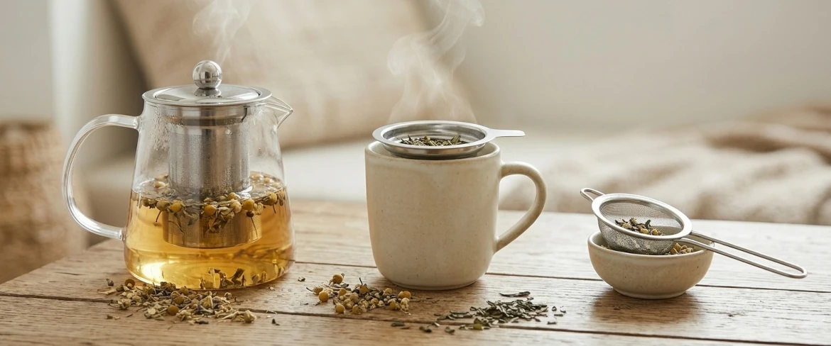 Dzbanek do herbaty z zaparzaczem i kubek do herbaty z zaparzaczem w użyciu