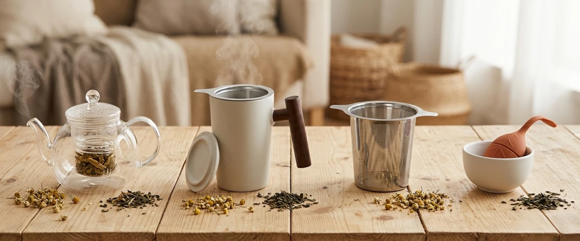 Zaparzacze do herbaty – szklany, ceramiczny, metalowy i silikonowy na drewnianym stole