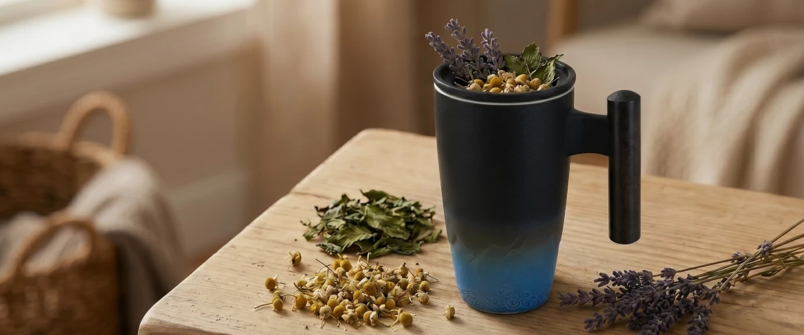 Kubek z zaparzaczem do herbaty i susz ziół przygotowany do parzenia