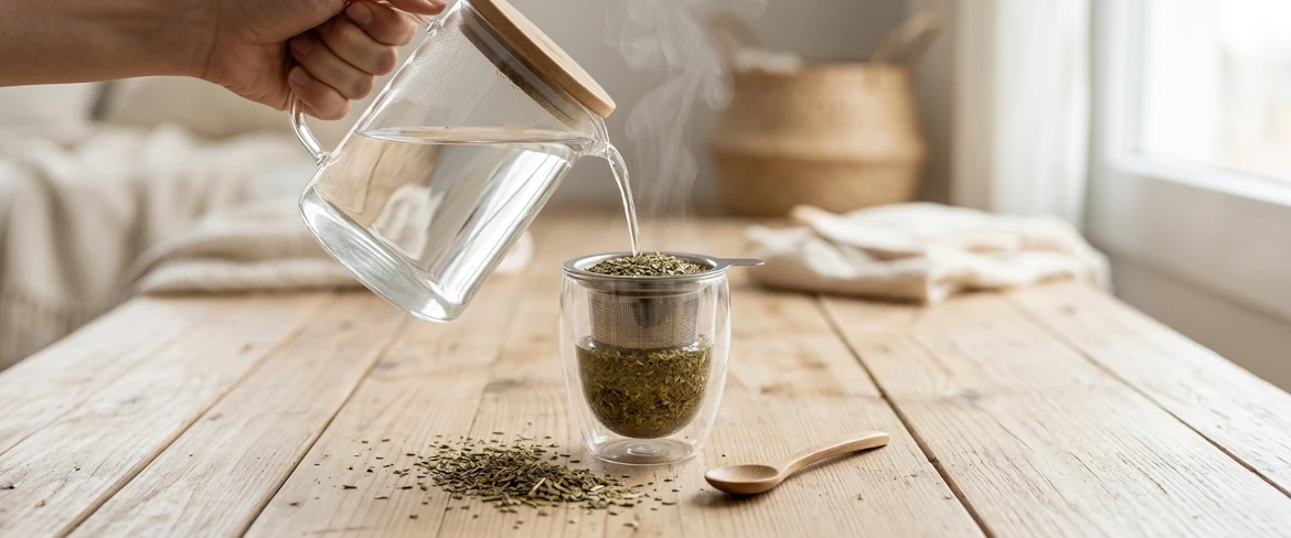 Parzenie ziół w kubku z zaparzaczem do herbaty