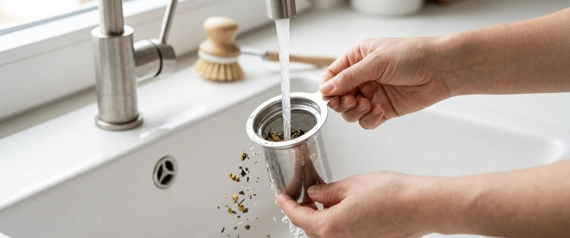 Czyszczenie metalowego zaparzacza do herbaty pod bieżącą wodą