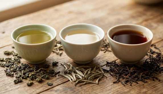 Porównanie naparów w filiżankach prezentujące różne rodzaje herbat: herbata zielona, herbata biała i herbata czerwona