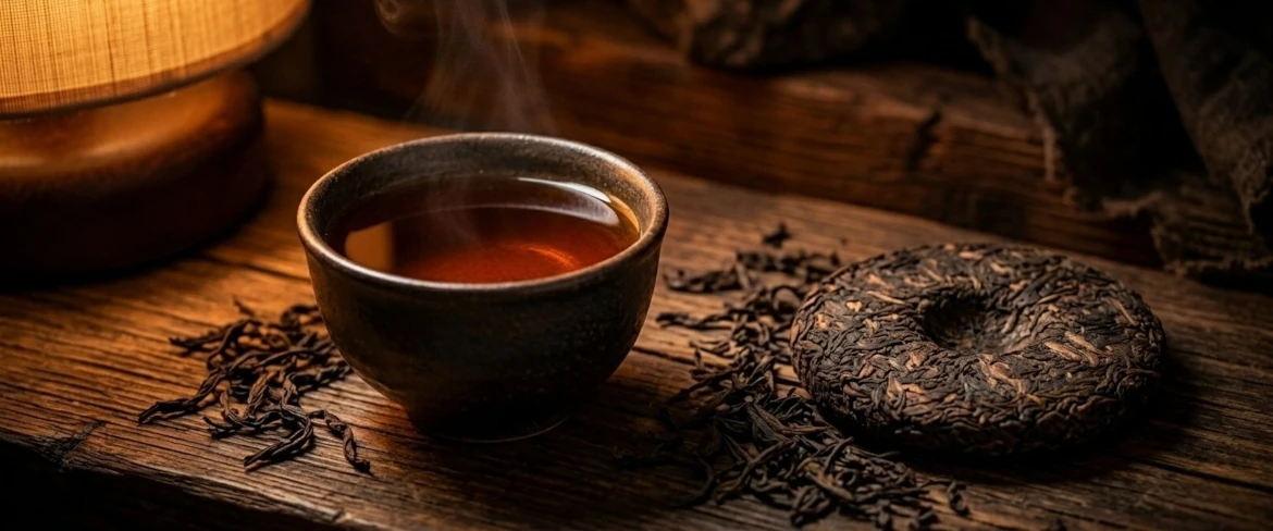 Ciemny napar w czarce i sprasowana w kostkę czerwona herbata pu erh. Sprawdź, jakie herbata czerwona oferuje właściwości dla zdrowia