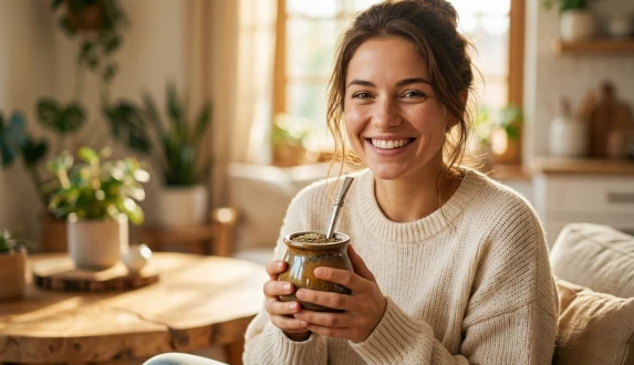 Uśmiechnięta kobieta trzymająca matero i bombillę, idealny przykład na to, jak wygląda yerba mate dla początkujących i jak pić yerba mate