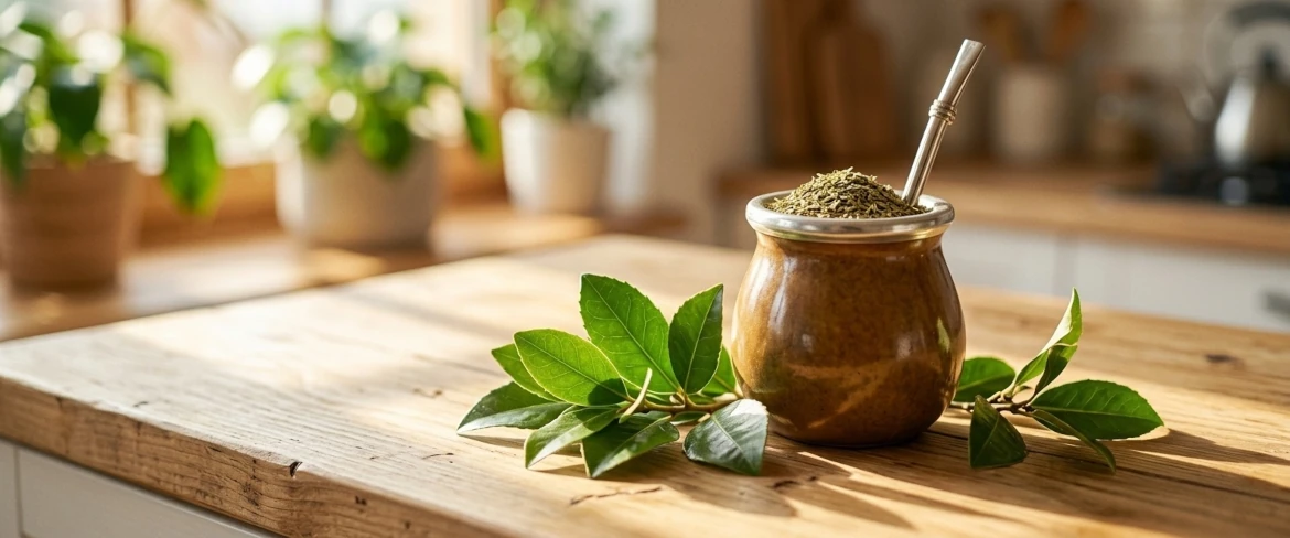 Świeże liście ostrokrzewu paragwajskiego oraz naczynko z suszem, idealnie ilustrujące: yerba mate – co to jest?