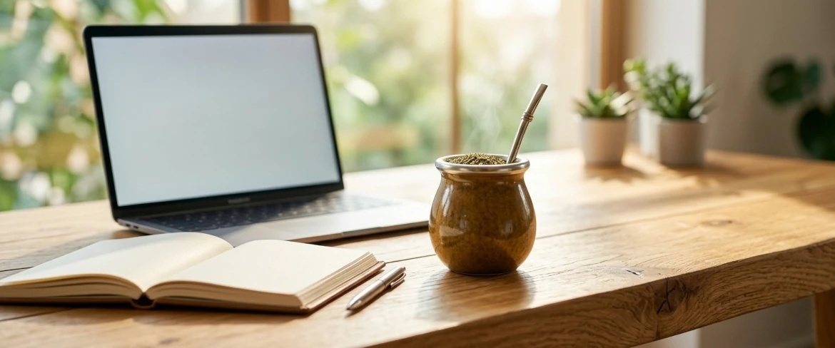 Tykwa z naparem na biurku obok laptopa, pokazująca jak działa yerba mate podczas pracy i stanowiąca odpowiedź na dylemat: yerba mate a kawa