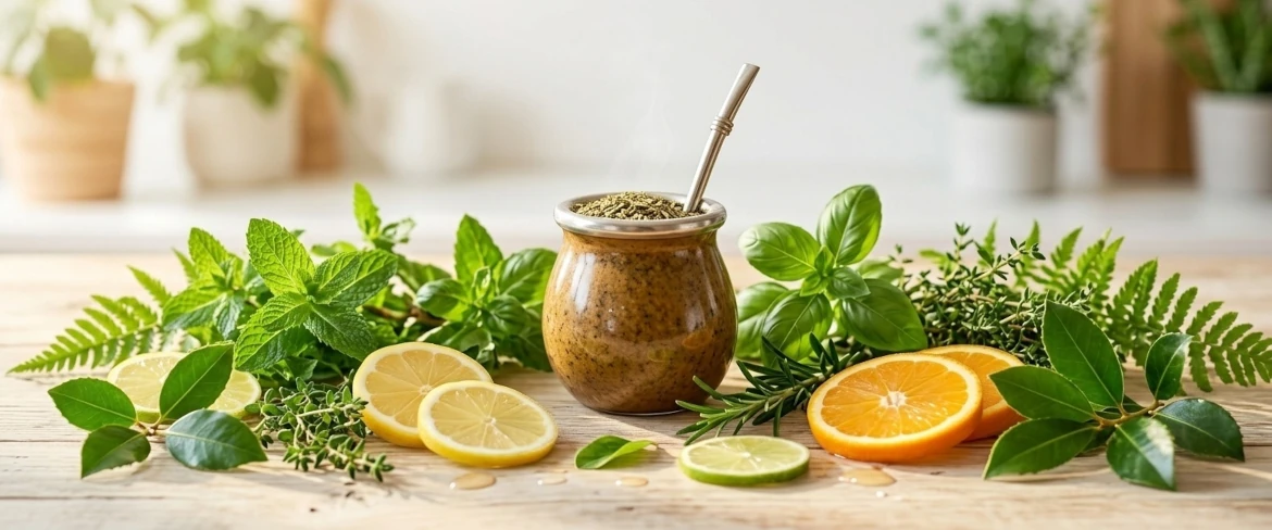 Zaparzony napar w otoczeniu cytrusów i świeżych ziół, symbolizujący bogate właściwości yerba mate i to, czy yerba mate jest zdrowa