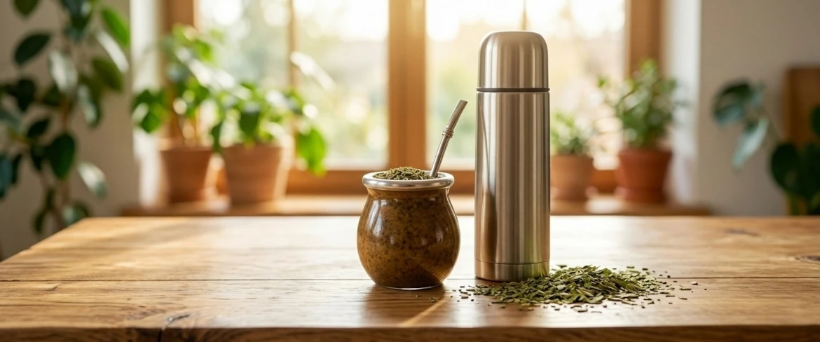 Podstawowy zestaw startowy zawierający termos, bombillę i susz, pomagający w decyzji, jaką yerba mate kupić na początek