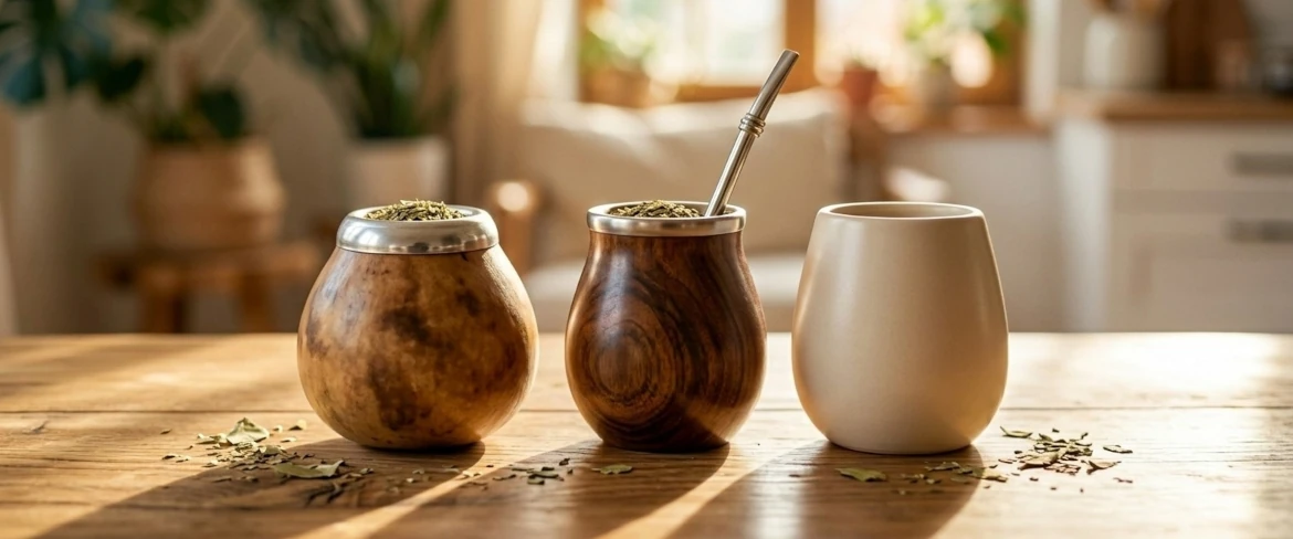 Trzy różne naczynia do picia naparu, w tym tradycyjna tykwa do yerba mate, naczynie z drewna Palo Santo oraz klasyczne, bardzo wygodne ceramiczne matero