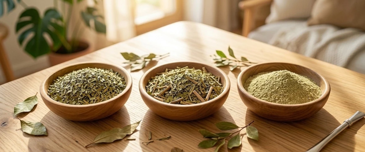 Zróżnicowane rodzaje yerba mate w miseczkach, pokazujące m.in. jak wygląda yerba mate despalada oraz pozbawiona goryczy yerba mate green