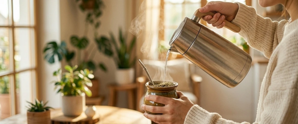 Powolne zalewanie suszu wodą z termosu, ilustrujące jak parzyć yerba mate oraz jak ważna jest odpowiednia temperatura wody yerba mate