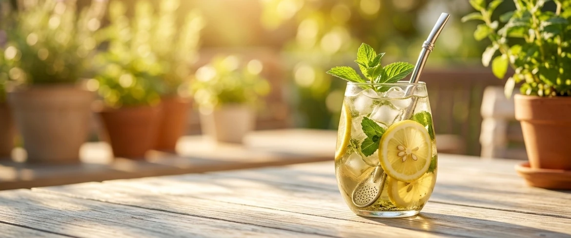 Zimne i orzeźwiające tereré z lodem i cytryną, pokazujące alternatywny sposób na to, yerba mate jak pić w trakcie upalnego lata