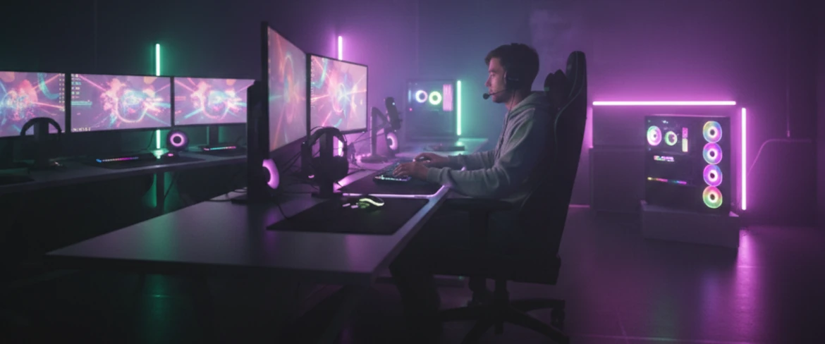 Gracz przed komputerem wybierający naturalne energetyki zamiast sztucznych napojów energetycznych