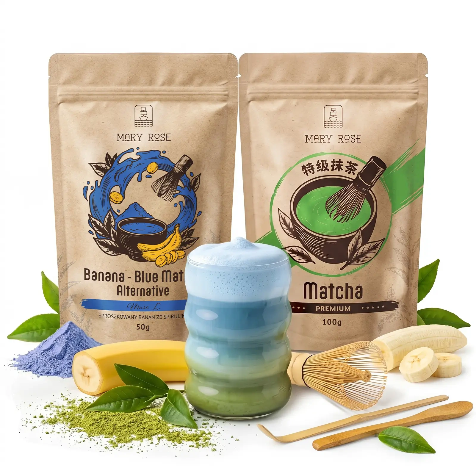 Zestaw z zieloną matchą, Blue Matcha i bambusowymi akcesoriami.