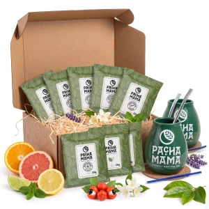 Zestaw prezentowy dla dwojga Guayusa Pachamama: próbki 8x25g + 2x tykwa + 2x bombilla