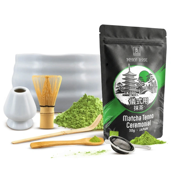 Zestaw ceremonialny do parzenia herbaty matcha: japońska matcha BIO ceremonialna 30g + akcesoria