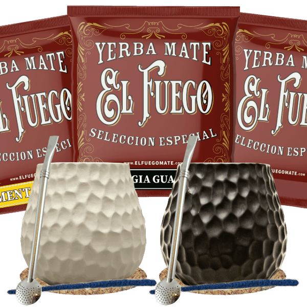 Zestaw Yerba Mate dla dwojga: próbki El Fuego 3x50g + 2x Matero + 2x Bombilla