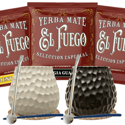 Zestaw Yerba Mate dla dwojga: próbki El Fuego 3x50g + 2x Matero + 2x Bombilla