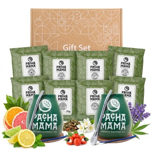 Zestaw prezentowy dla dwojga Guayusa Pachamama: próbki 8x25g + 2x tykwa + 2x bombilla