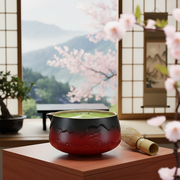 (II. kategoria)  Matchawan – Ceramiczna miseczka do matchy z dzióbkiem – Mountain (czerwona)