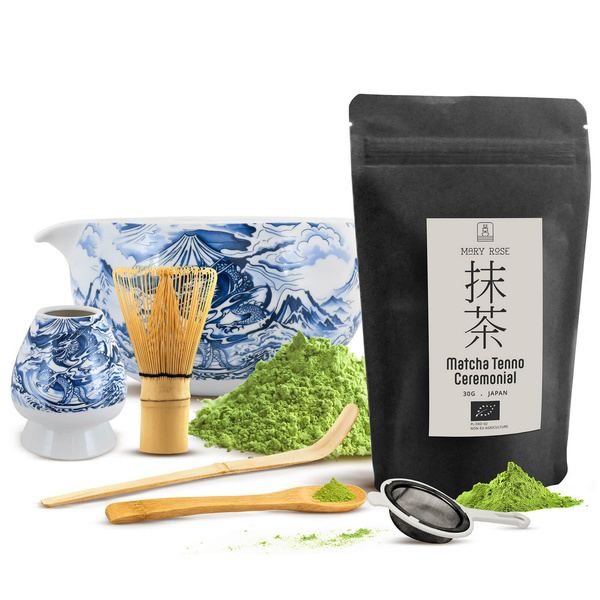 Zestaw ceremonialny do parzenia herbaty matcha: japońska matcha BIO ceremonialna 30g + akcesoria