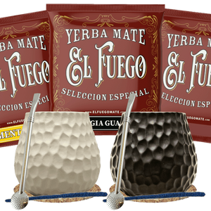 Zestaw Yerba Mate dla dwojga: próbki El Fuego 3x50g + 2x Matero + 2x Bombilla